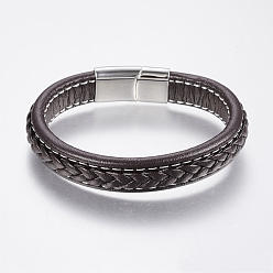 Coconut Brown Braided Leather Cord Bracelets, with 304 Stainless Steel Magnetic Clasps, Coconut Brown, 8-5/8 inch(220mm), 29x14x8mm