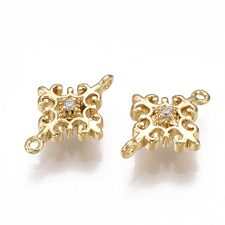 Real 18K Gold Plated Brass Links connectors, with Cubic Zirconia, Flower, Clear, Nickel Free, Real 18K Gold Plated, 13x10x3.5mm, Hole: 0.8mm
