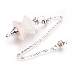 Quartz Rose Pendules de radiesthésie en quartz rose naturel, avec les accessoires en laiton de tonalité de platine, trapèze, 235mm, Trou: 2mm