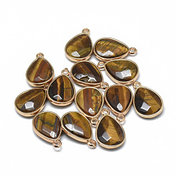 Tiger Eye Natural Tiger Eye Pendants, with Golden Tone Brass Findings, Faceted, teardrop, 23x14~15x6~7mm, Hole: 2mm