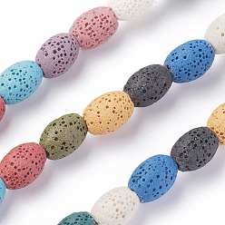 Couleur Mélangete Brins de perles de pierre de lave naturelle, teint, riz, couleur mixte, 12~12.5x8.5~9mm, Trou: 2mm, Environ 33 pcs/chapelet, 15.55 pouce (39.5 cm)