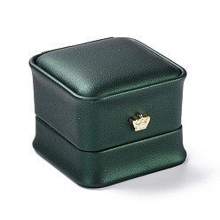 Dark Green PU Leather Jewelry Box, with Resin Crown, for Ring Packaging Box, Square, Dark Green, 5.9x5.9x5cm