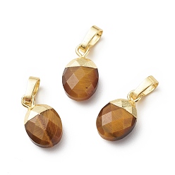 Tiger Eye Natural Tiger Eye Charms, with Light Gold Tone Brass Findings, Faceted, Cadmium Free & Lead Free, Oval, 14x8x5mm, Hole: 6x4mm