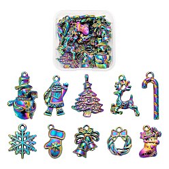 Rainbow Color 20Pcs 10 Style Rainbow Color Alloy Pendants, Cadmium Free & Nickel Free & Lead Free, Father Christmas, Glove, Garland, Christmas Reindeer/Stag & Trees & Candy Cane & Snowflake & Bell & Stocking & Snowman, 16~27x9~17.5x2~4mm, Hole: 1.4~2mm, 2pcs/style