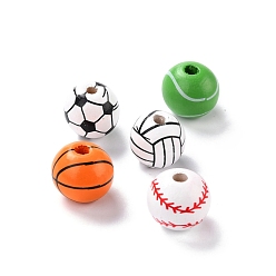 Mixed Shapes Des perles en bois naturel, teint, ronde, modèles de balles de sport mixtes, formes mixtes, 15.5x14.5mm, Trou: 3.2mm