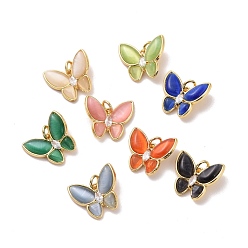 Mixed Color Butterfly Brass Micro Pave Clear Cubic Zirconia Pendants, with Cat Eye, with Jump Rings, Cadmium Free & Lead Free, Real 18K Gold Plated, Mixed Color, 15.5x17.5x4mm, Hole: 3.2mm