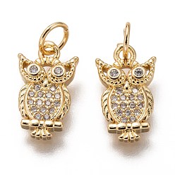 Golden Brass Micro Pave Clear Cubic Zirconia Charms, Long-Lasting Plated, with Jump Ring, Owl Shape, Golden, 14.5x8x2.5mm, Jump Ring: 5x1mm, 3mm Inner Diameter
