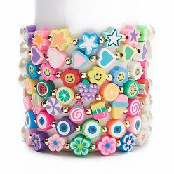 Mixed Color 7Pcs 7 Style Star & Smiling Face & Flower Polymer Clay Stretch Bracelets Set with Glass Pearl Beaded, Fruit Candy Preppy Bracelets for Women, Mixed Color, Inner Diameter: 2-1/8 inch(5.3cm), 1Pc/style