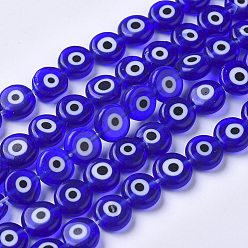 Blue Handmade Evil Eye Lampwork Beads Strands, Flat Round, Blue, 8x3~3.5mm, Hole: 1mm, about 47pcs/strand, 14.17 inch(36cm)