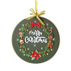 Word Christmas Themed DIY Embroidery Sets, Including Imitation Bamboo Embroidery Frame, Iron Pins, Embroidered Cloth, Cotton Colorful Embroidery Threads, Word, 30x30x0.05cm