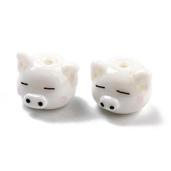 Blanco Cuentas de porcelana hechas a mano, cabeza de cerdo, blanco, 11.5x14x15~16 mm, agujero: 2 mm