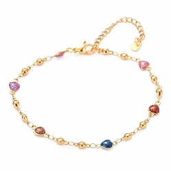 Golden 304 Stainless Steel Link Bracelets, with Resin and Lobster Claw Clasps, Heart, Colorful, Golden, 8-1/8 inch(20.7cm)