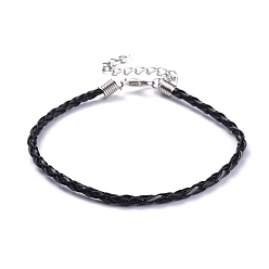 Negro Imitación trenzada fabricación de pulseras de cuero de moda, con broches de hierro garra de langosta y las cadenas finales, negro, 200x3 mm