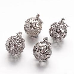 Platinum Eco-Friendly Rack Plating Brass Cage Pendants, For Chime Ball Pendant Necklaces Making, Hollow Round, Lead Free & Cadmium Free & Nickel Free, Platinum, 20x19x16mm, Hole: 3.5x4mm, inner diameter: 13mm
