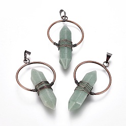 Green Aventurine Natural Green Aventurine Wire Wrapped Pointed Big Pendants, Double Terminated Pointed, with Brass Findings, Bullet, Red Copper, 53~55x30~32x11.5mm, Hole: 7.5x4mm