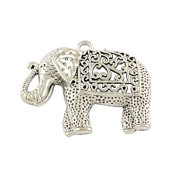 Argent Antique Tibétain alliage éléphant de style gros pendentifs, sans cadmium et sans plomb, argent antique, 59x47.5x11mm, Trou: 4mm, environ28 pcs / 500 g