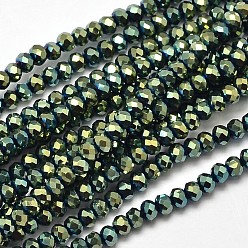 Green Plated Faceted Rondelle Full Plated Electroplate Glass Beads Strands, Green Plated, 3x2mm, Hole: 0.5mm, about 148pcs/strand, 14.9 inch