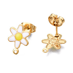 White 304 Stainless Steel Enamel Stud Earring Findings, with Loop and Ear Nuts/Earring Backs, Flower, White, 12.5x9mm, Hole: 1mm, Pin: 0.8mm