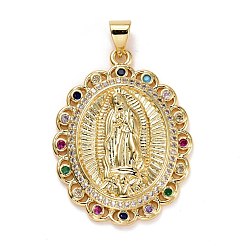 Real 18K Gold Plated Brass Micro Pave Colorful Cubic Zirconia Pendants, Long-Lasting Plated, Lead Free & Cadmium Free, Oval with Holy Virgin, Religion, Real 18K Gold Plated, 35x23x4mm, Hole: 5x3mm
