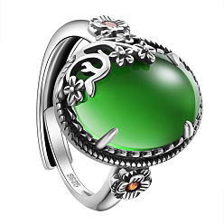 Green SHEGRACE 925 Sterling Silver Adjustable Rings, with Grade AAA Cubic Zirconia, Oval with Flower, Antique Silver, Green, US Size 9, Inner Diameter: 19mm