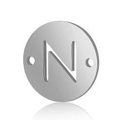 Letter N Titanium Steel Links connectors, Flat Round with Letter, Stainless Steel Color, Letter.N, 12x0.8mm, Hole: 0.8mm
