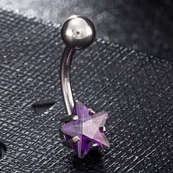 Purple Piercing Jewelry, Brass Cubic Zirciona Navel Ring, Belly Rings, with 304 Stainless Steel Bar, Lead Free & Cadmium Free, Star, Purple, 20mm, Star: 8mm, Bar: 15 Gauge(1.5mm), Bar Length: 3/8"(10mm)
