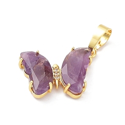 Amethyst Natural Amethyst Pendants, with Rack Plating Golden Plated Brass Findings, Cadmium Free & Lead Free, Faceted Butterfly Charms, 17x22.5x4mm, Hole: 8x5mm