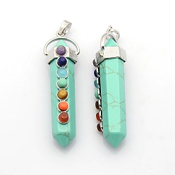 Synthetic Turquoise Yoga Chakra Jewelry Platinum Plated Brass Gemstone Double Terminated Pointed Big Pendants, Synthetic Turquoise, 58x17x16mm, Hole: 7x6mm