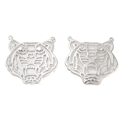 Real Platinum Plated Brass Filigree Animal Pendants, Tiger Charms, Real Platinum Plated, 23x23.5x1mm, Hole: 1mm