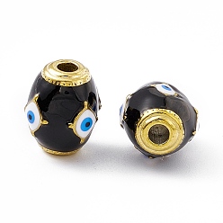 Black Vacuum Plating 201 Stainless Steel Beads, with Enamel, Real 18K Gold Plated, Barrel with Evil Eye, Black, 14.5x11x11mm, Hole: 3mm