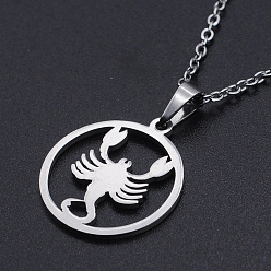 Scorpio 201 Stainless Steel Pendants Necklaces, with Cable Chains and Lobster Claw Clasps, Flat Round with Constellation/Zodiac Sign, Scorpio, 15-3/4 inch(40cm), 1.5mm