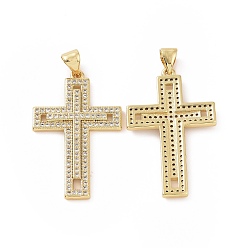 Oro Micro latón allanan colgantes cúbicos del zirconia, encanto de la cruz de la religión, dorado, 35x19.5x2.5 mm, agujero: 5x3 mm