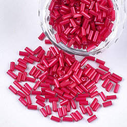 Cerise Glass Bugle Beads, Round Hole, Opaque Colours, Cerise, 3~5x1.5~2mm, Hole: 0.8mm, about 15000pcs/bag