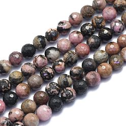 Rhodonite Natural Rhodonite Beads Strands, Round, Faceted(128 Facets), 8mm, Hole: 1.2mm, about 49pcs/strand, 15.16 inch(38.5cm)