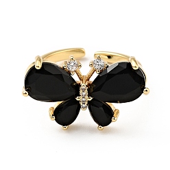 Black Cubic Zirconia Butterfly Open Cuff Ring, Real 18K Gold Plated Brass Jewelry for Women, Cadmium Free & Lead Free, Black, US Size 5 1/2(16.1mm)
