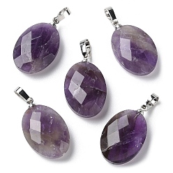 Amethyst Natural Amethyst Pendants, Faceted Oval Charms with Platinum Plated Brass Snap on Bails, 21.8x13.4~13.5x6.2mm, Hole: 5.3x3.7mm