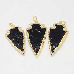 Doré  Gros pendentifs en obsidienne naturelles, pointe de flèche, avec accessoires en laiton, or, 50~70x20~30x6~10mm, Trou: 5x8mm