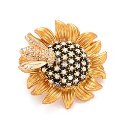 Oro Insignia de diamantes de imitación de cristal de girasol y abeja, pin de solapa de aleación para ropa de mochila, dorado, 29x6.5 mm, pin: 0.7 mm