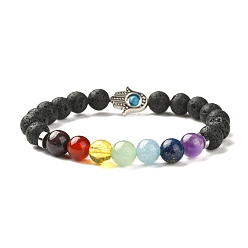 Colorful Chakra Jewelry Natural Lava Rock Bead Stretch Bracelets, with Natural Gemstone Beads and Alloy Findings, Colorful, 55mm