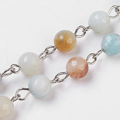 Flower Amazonite Natural Flower Amazonite Handmade Beaded Chains, Unwelded, with Platinum Plated Iron Eye Pin, Faceted Round, 14x6~7mm, 39.37 inch(1m)/strand, about 83pcs/m