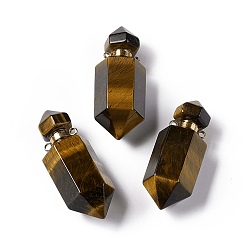 Œil De Tigre Pendentifs de bouteille de parfum en œil de tigre naturel à facettes, breloque diffuseur d'huiles essentielles, avec les accessoires en métal de ton d'or, pour la fabrication de bijoux, 42~45x16~17x16~17mm, Trou: 2mm