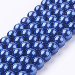 Azul Medio Hebras redondas de perlas de vidrio teñido ecológico, Grado A, cordón de algodón rosca, azul medio, 8 mm, agujero: 0.7~1.1 mm, sobre 52 unidades / cadena, 15 pulgada