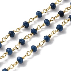 Marine Blue Natural White Jade Beaded Chains, Handmade Chains, with Spool, Unwelded, Dyed, Faceted Rondelle, with Brass Findings, Golden, Marine Blue, 4x3mm, about 16.4 Feet(5m)/roll