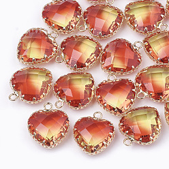 Red K9 Glass Pendants, Imitation Tourmaline, with Golden Tone Brass Findings, Faceted, Heart, Red, 20x16.5x8mm, Hole: 2mm