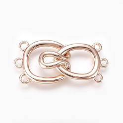 Real Rose Gold Plated Brass Hook Clasps, 3-Strand, 6-Hole, Real Rose Gold Plated, 36mm, Hole: 1.8~2mm