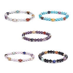 Mixed Color Chakra Theme Natural Mixed Stone Round Beads Stretch Bracelet, Transparent Glass Beads Bracelet, Mixed Color, Inner Diameter: 2-1/8 inch(5.5cm)
