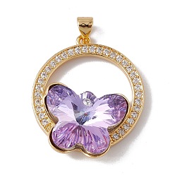 Lilac Brass Micro Pave Clear Cubic Zirconia Pendants, Real 18K Gold Plated, with Glass Cabochon, Cadmium Free & Nickel Free & Lead Free, Rack Plating, Flat Round with Butterfly, Lilac, 29.5x25.5x10mm, Hole: 3.5x5mm