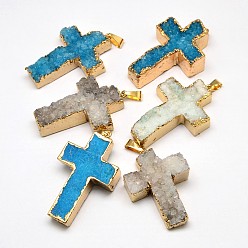 Mixed Color Electroplate Rough Gemstone Natural Drusy Crystal Pendants, with Brass Findings, Golden Plated, Cross, Dyed, Mixed Color, 48~60x32~40x5~20mm, Hole: 4x9mm
