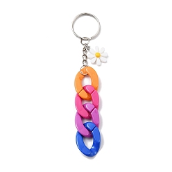 Colorful Acrylic Curb Chain Keychain, with Resin Daisy Charm and Iron Keychain Ring, Colorful, 12.8~13cm