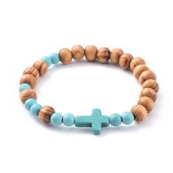Sky Blue Stretch Bracelets, with Wood Beads and Synthetic Turquoise(Dyed) Beads, Cross, Sky Blue, 2-1/8 inch(5.5cm)